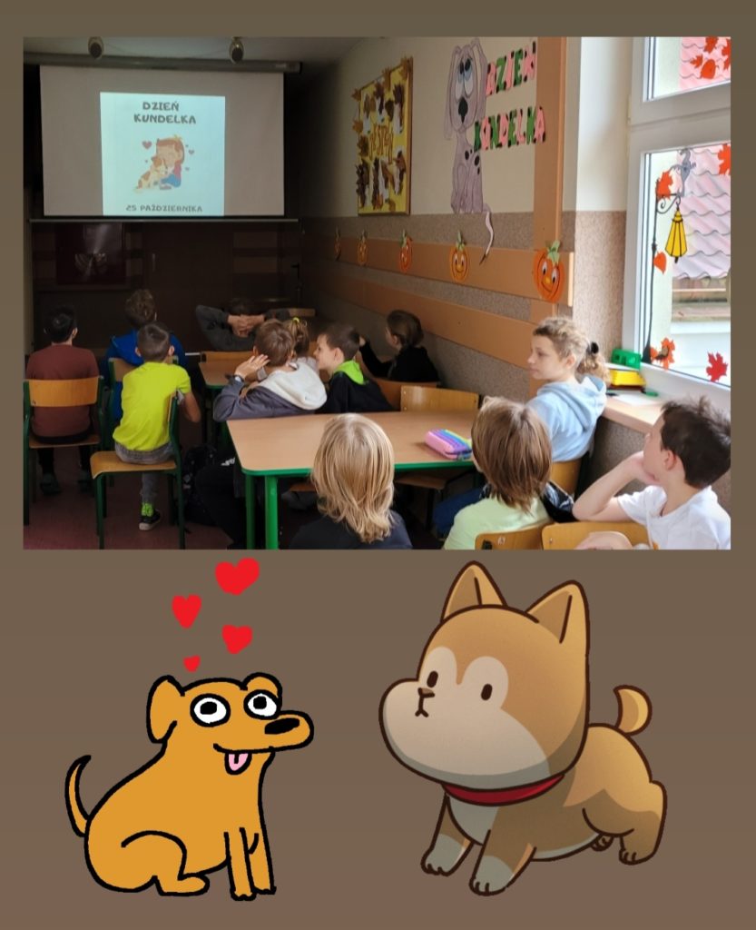 dzieci oglądają obrazy psów wyświetlane na ekranie