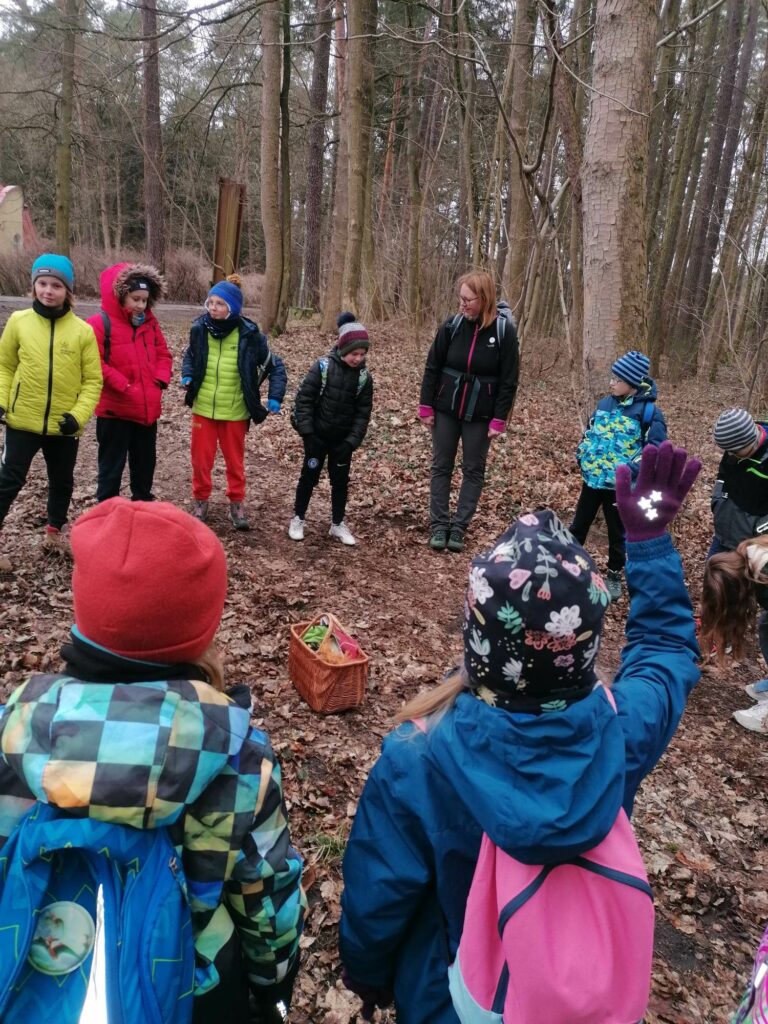 Dzieci stoją, w kole, na polanie w lesie. Wśród nich stoi pani, prowadząca zajęcia. Na środku koła, stoi wiklinowy koszyk z materiałami na zajęcia.