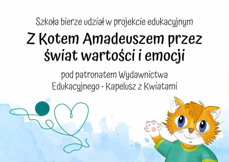 plakat z programu z kotem amadeuszem przez świat wartości emocji. Na plakacie napis i rudy kotek