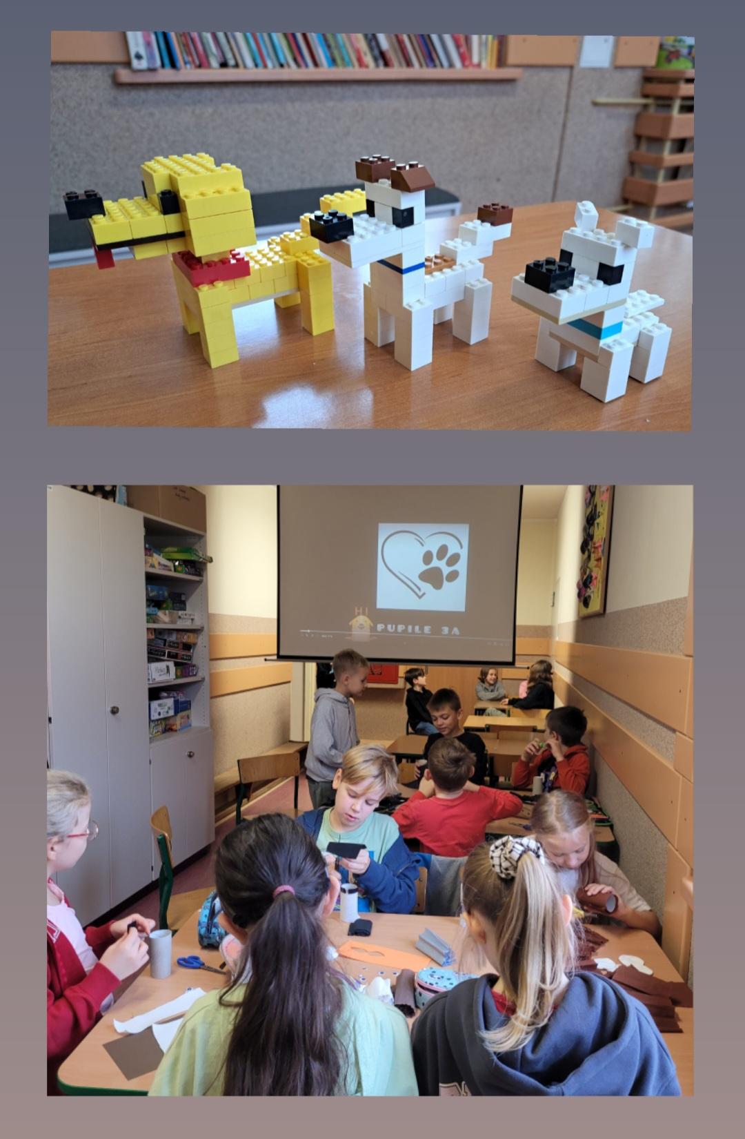 Zdjęcie składa się z kolażu 2 zdjęć. Oba zdjęcia umieszczone są na szarym tle. Na zdjęciu nr 1 widoczne są 3 psy zrobione z klocków Lego, dwa białe i jeden żółty. Wszystkie pieski stoją na brązowym, drewnianym blacie, w tle można dostrzec stojące na drewnianym parapecie kolorowe książki oraz szarą ścianę i biało- szarą ławę do siedzenia. Na zdjęciu nr 2 widocznych jest 12 dzieci, 6 chłopców i 6 dziewczynek. 11 z nich siedzi przy 3 drewnianych stolikach na krzesłach, jeden chłopiec stoi przy środkowym stoliku z jego lewej strony. Dzieci wykonują prace plastyczną z rolek po papierze toaletowym, używają przy tym nożyczek. Na pierwszym stoliku leżą przybory szkole, piórnik oraz kolorowe kartki papieru. Po lewej stronie widoczna jest duża, szara szafa, na której stoją różnego rodzaju gry planszowe oraz kawałek biało- szarej ściany z dwiema drewnianymi deskami wzdłuż, po lewej stronie szaro- biała ściana z brązowymi dwiema deskami, a w tle opuszczony ekran rzutnika i wyświetlone na nim serce z łapą.
