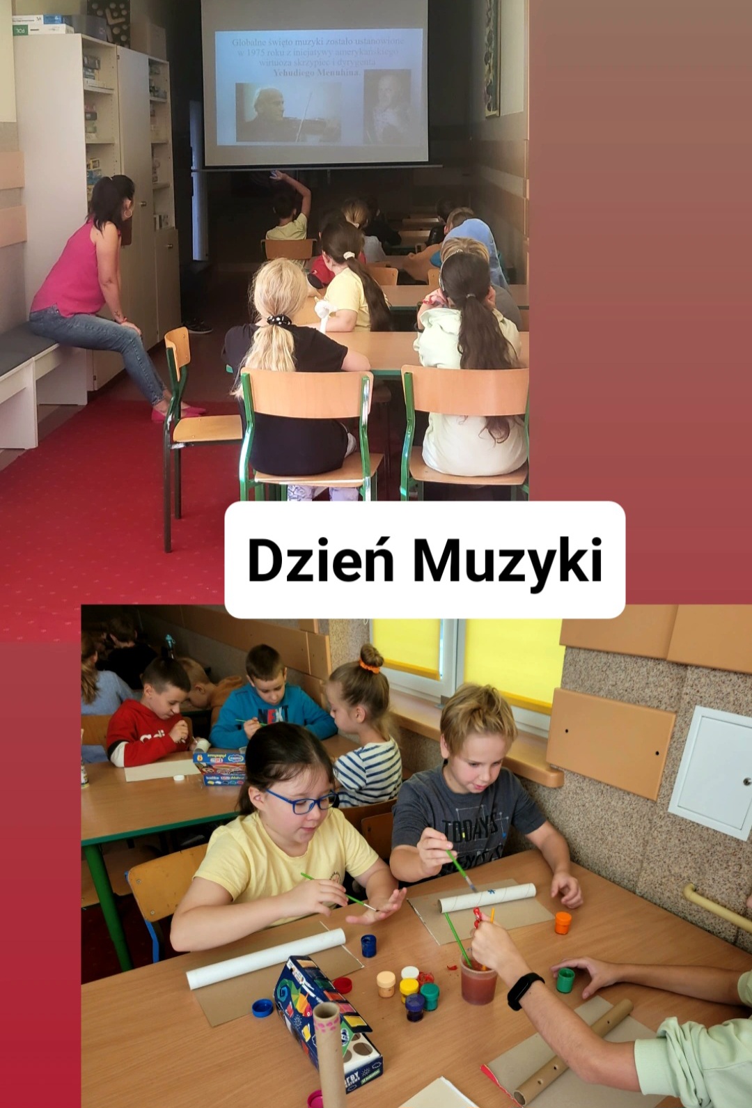 Zdjęcie jest kolażem składającym się z dwóch zdjęć oraz napisu na środku "Dzień muzyki". Zdjęcie u góry kolażu przedstawia siedzące w ławkach dzieci skupione na wyświetlonym slajdzie prezentacji. Po lewej stronie kobieta w różowej koszuli wskazuje na slajd. Zdjęcie umieszczone na dole kolażu przedstawia dzieci w ławkach malujące wzory na papierowych rolkach.