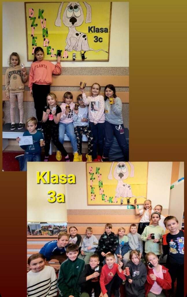 Zdj臋cie jest kola偶em 2 zdj臋膰 na kolorowym tle. Zdj臋cie nr 1umieszczone w lewym g贸rnym rogu przedstawia 8 dzieci, 7 dziewczynek i 1 ch艂opca. Dwie dziewczynki stoj膮 na szaro- bia艂ej 艂awce, 4 siedzi na tej 艂awce, 1 siedzi na ciemnoszarej pufie, a ch艂opiec siedzi na pod艂odze na czerwonej wyk艂adzinie. Dzieci trzymaj膮 w r臋kach kolorowe pieski zrobione z rolek po papierze toaletowym. Za plecami dzieci na bia艂o- szarej 艣cianie z 2 drewnianymi deskami, umieszczona jest tablica z 偶贸艂tym t艂em, na kt贸rym jest gazetka- pies i r贸偶owo- zielony napis "Dzie艅 kundelka" oraz drugi "klasa 3 c". Na drugim zdj臋ciu w prawym dolnym rogu wida膰 16 dzieci, 9 ch艂opc贸w oraz 7 dziewczynek. Dzieci maj膮 r贸偶nokolorowe ubrania, w r臋ku cz臋艣膰 z nich trzyma papierowe pieski zrobione z rolek po papierze toaletowym. W tle dzieci na szaro- bia艂ej 艣cianie z drewnianymi 2 deskami, widoczna jest tablica z 偶贸艂tym t艂em, a na niej piesek i r贸偶owo- zielony napis " Dzie艅 Kundelka". W lewym g贸rnym rogu zdj臋cia na tle be偶owej rolety okiennej umieszczony zosta艂 napis " klasa 3a". Wida膰 w tym miejscu r贸wnie偶 kawa艂ek okna.