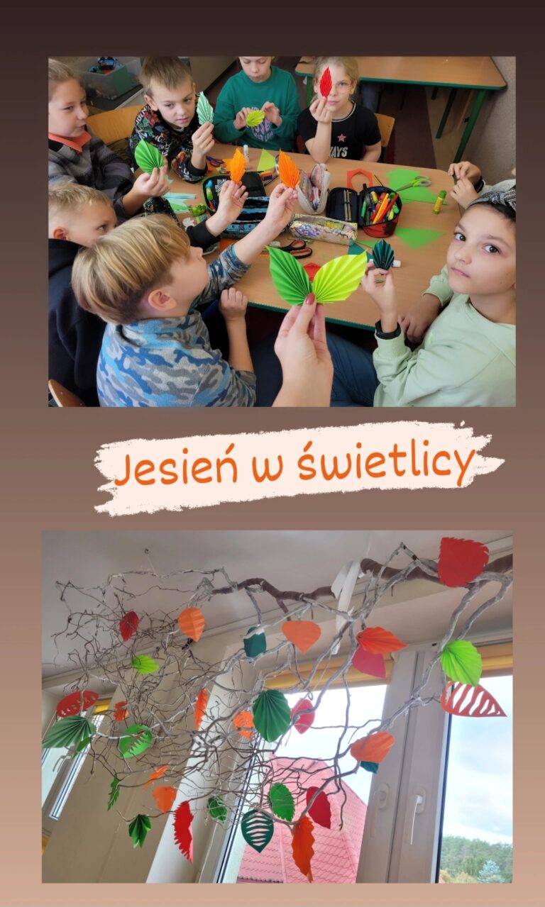 Zdjęcie składa się z kolażu dwóch zdjęć. Oba umieszczone są na jasnobrązowym tle. Na pierwszym zdjęciu możemy zobaczyć 7 dzieci siedzących na krzesłach przy drewnianym stoliku, 3 dziewczynki i 4 chłopców. Dzieci trzymają w dłoniach wielokolorowe, papierowe listki . W centralnym punkcie zdjęcia widoczny jest drewniany blat, a na nim dziecięce, szkolne przybory: nożyczki, kleje, piórniki i kolorowe kartki. Pomiędzy jednym a drugim zdjęciem umieszczony został napis " jesień w świetlicy". Na drugim zdjęciu widać drewniany konar drzewa a na nim umieszczone różnego kształtu wielobarwne liście z papieru, zielone, pomarańczowe, czerwone. W tle widoczne są 3 okna z żółtymi roletami.