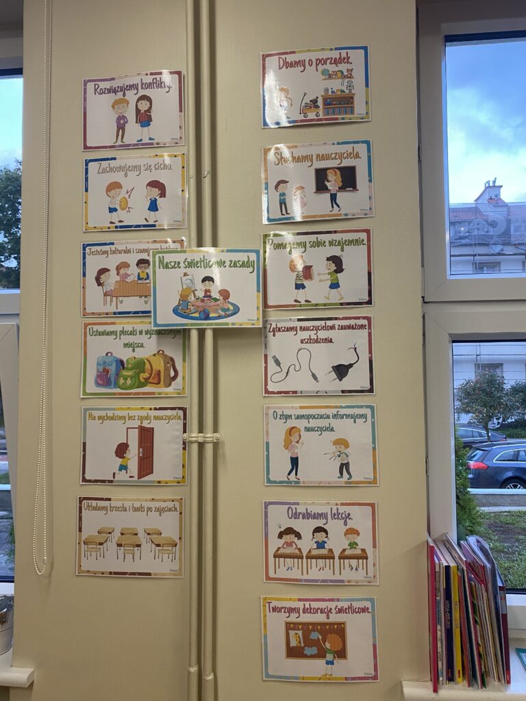 zdjęcie przedstawia kodeks zachowania na świetlicy. Na ścianę powieszone są tabliczki z zasadami zachowania