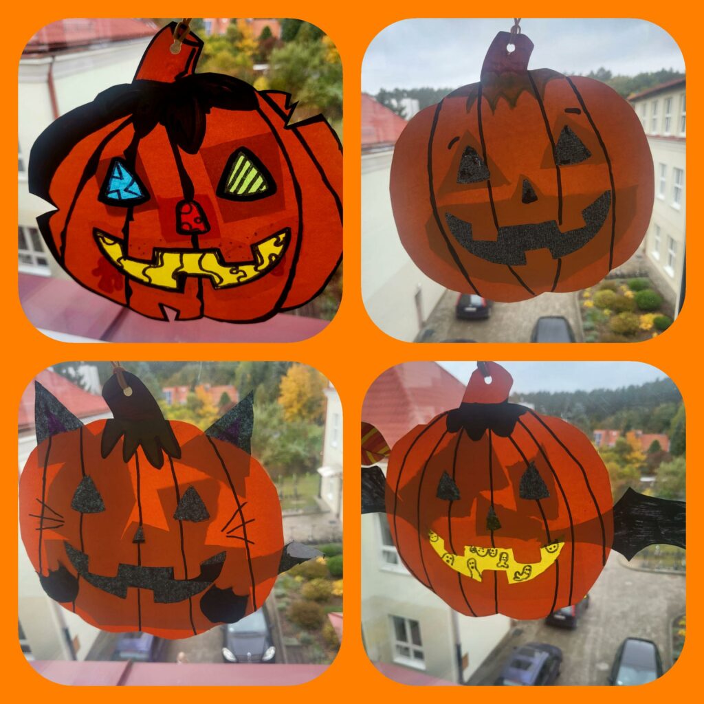 Kola偶 4 zdj臋膰 na pomara艅czowym tle, na ka偶dym z nich witra偶 z pomara艅czow膮 hallowenow膮 dyni膮.