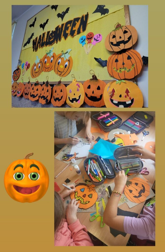 Kola偶 2 zdj臋膰, na g贸rnym zdj臋ciu wisz膮ca tablica, a na niej gazetka sk艂adaj膮ca si臋 z napisu Halloween oraz 15 pomara艅czowych witra偶y dy艅 i czarnych, papierowych nietoperzy. Na drugim zdj臋ciu 3 dzieci robi膮cych witra偶e na okna- pomara艅czowe dynie- u偶ywaj膮c do tego przybor贸w szkolnych z pi贸rnik贸w.
