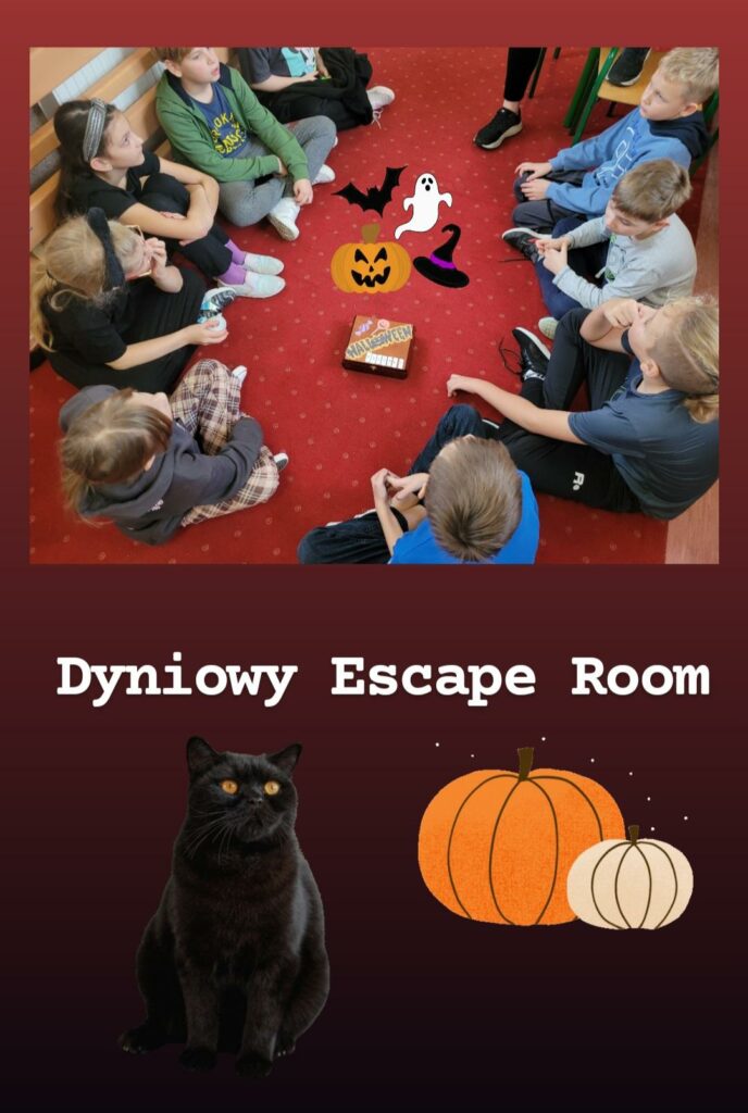 Zdj臋cie z napisem Dyniowy Escape Room i wizerunkiem rysunkowego czarnego kota i dyni, w punkcie centralnym zdj臋cia grupa dzieci siedz膮cych w kole na czerwonej wyk艂adzinie, w kt贸rego 艣rodku jest drewniana skrzynka.