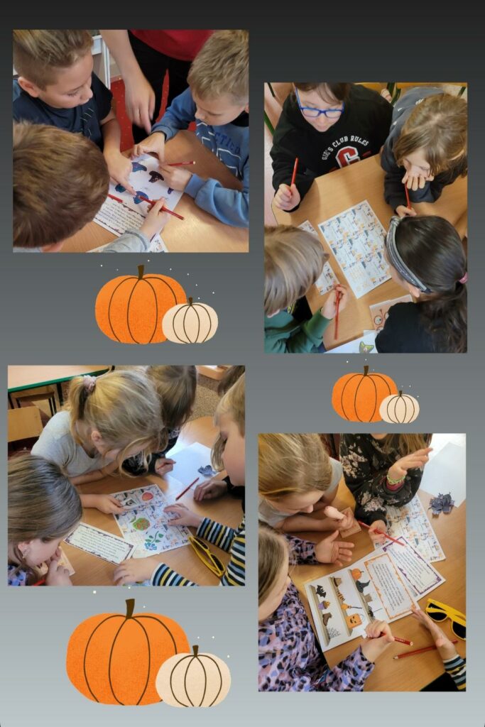 Kola偶 4 zdj臋膰. Na ka偶dym ze zdj臋膰 grupa dzieci rozwi膮zuj膮ca o艂贸wkami 艂amig艂贸wki. Pomi臋dzy zdj臋ciami rysunkowe, pomara艅czowe dynie.