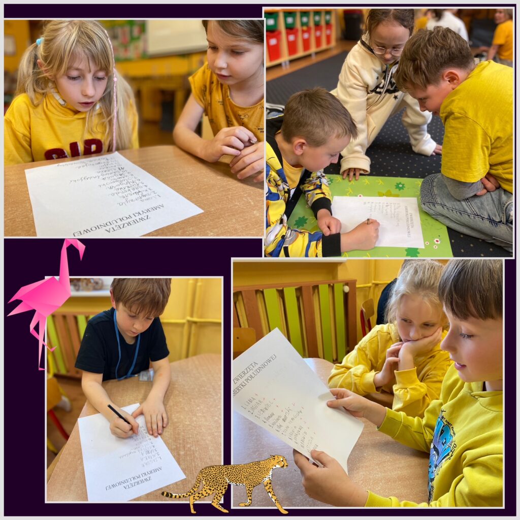 4 zdjęcia przedstawiające pracę pisemną dzieci dotyczącą znajomości gatunków zwierząt Ameryki Południowej.