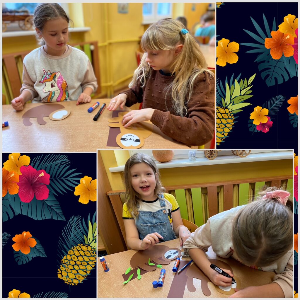 2 zdjęcia przedstawiające dzieci podczas wykonywania pracy plastycznej- leniwiec z papieru kolorowego.