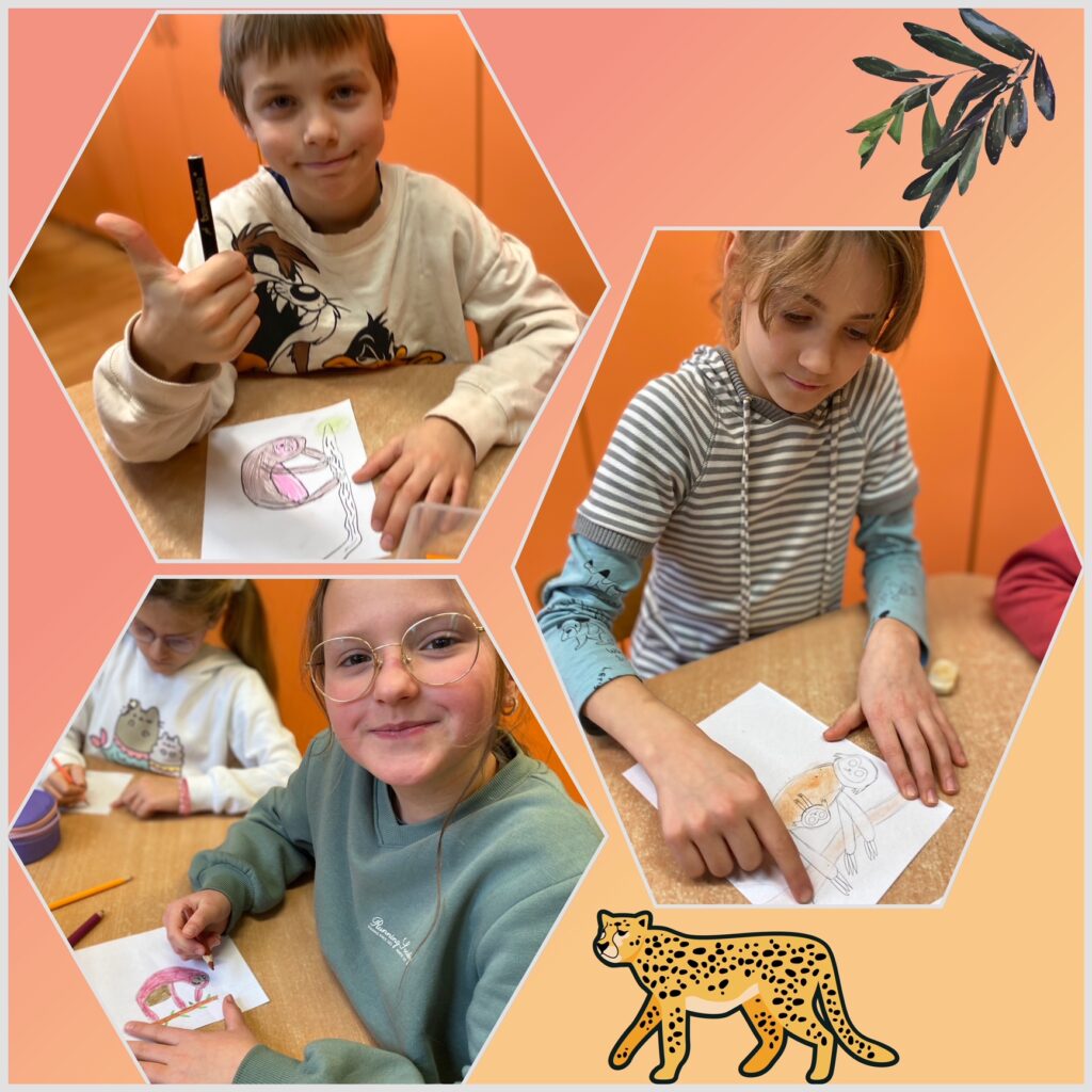 3 zdjęcia przedstawiające dzieci malujących leniwce.