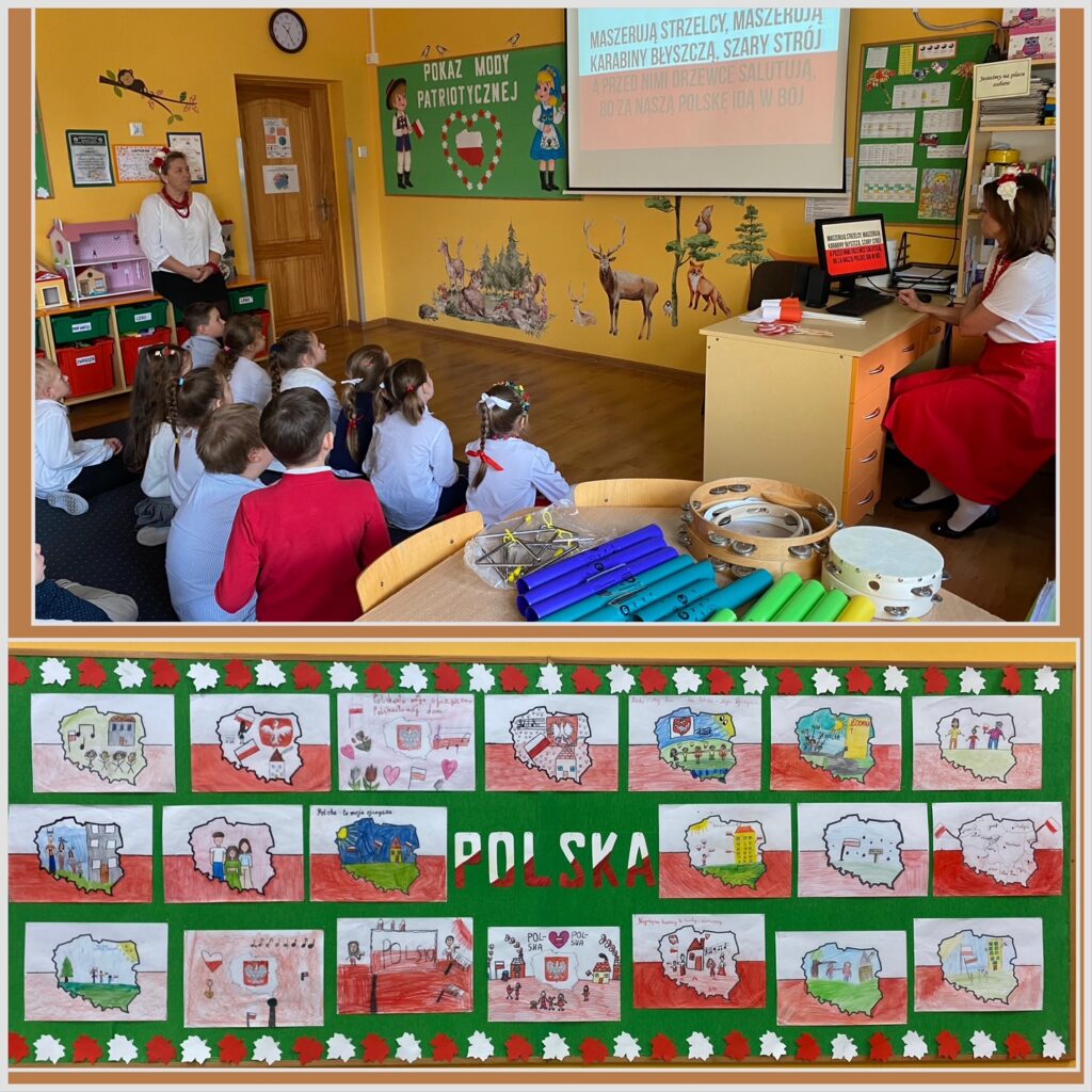 Na górnym zdjęciu widać dzieci siedzące na dywanie patrzące w stronę ekranu, na którym widać słowa pieśni „Szara piechota”. Śpiewają pieśń. Z prawej i lewej strony widać Panie nauczycielki oraz na środku zdjęcia instrumenty rozłożone na stoliku. Dolne zdjęcie przedstawia prace plastyczne dzieci. „Jak widzę Polskę”.