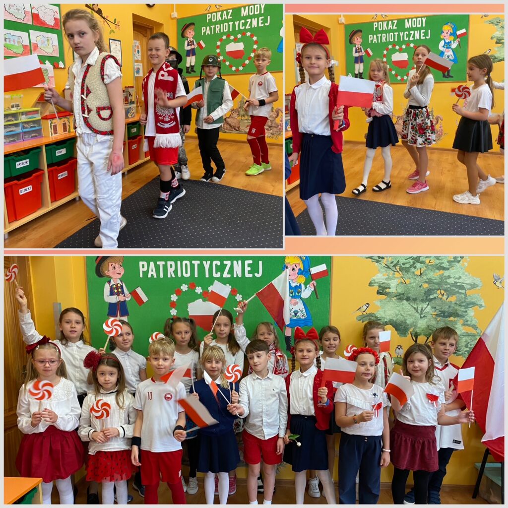 Na lewym górnym zdjęciu widać 4 dzieci prezentujące stroje patriotyczne na świetlicowym pokazie mody patriotycznej. Pierwsza dziewczynka w kamizelce góralskiej, macha flagą Polski. Drugi chłopiec w stroju piłkarskim, trzeci chłopiec w stroju żołnierza, czwarty chłopiec w stroju piłkarskim. W tle tablica z napisem Pokaz mody patriotycznej. Na prawym górnym zdjęciu widać 4 dziewczynki prezentujące stroje patriotyczne. Pierwsza dziewczynka w biało-czerwonym stroju, macha flagą Polski, za nią 3 dziewczynki w eleganckich strojach, z flagami. W tle tablica z napisem Pokaz mody patriotycznej. Zdjęcie dolne. Grupa dzieci w strojach patriotycznych z flagami Polski. W tle tablica z napisem Pokaz mody patriotycznej.