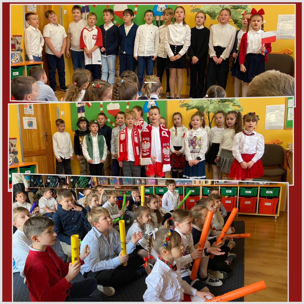 Na górnym zdjęciu widać klasę 3B śpiewającą piosenkę „Co to jest niepodległość”. W tle tablica z widocznymi konturami biało-czerwonej Polski. Przed dziećmi widownia składająca się z pozostałych świetliczaków. Na środkowym zdjęciu widać klasę 2B śpiewającą „Piosenkę Małego Patrioty”. W tle tablica z widocznymi konturami biało-czerwonej Polski. Na dolnym zdjęciu widać Świetliczaki siedzące na dywanie i grające „Szarą piechotę” na Bum bum rurkach