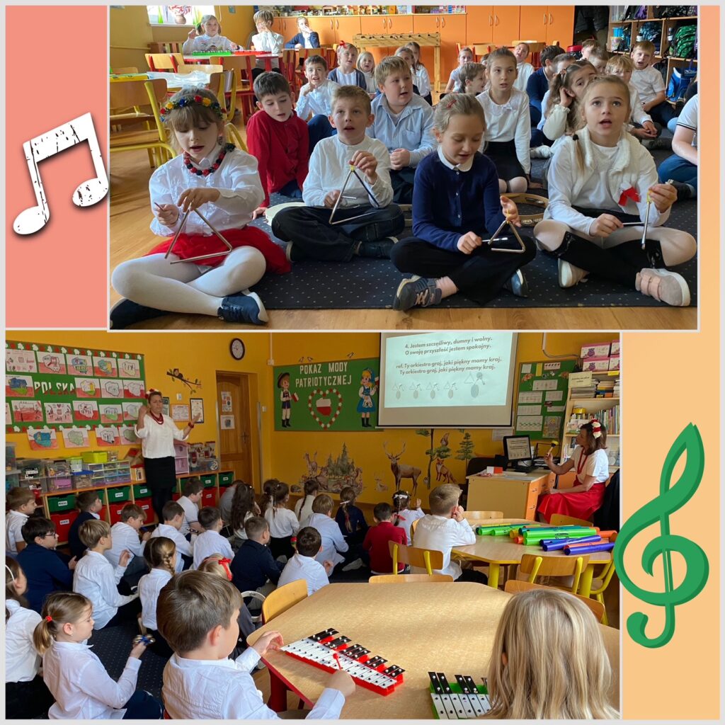 Na górnym zdjęciu widać dzieci siedzące na dywanie, grające na instrumentach. W tle 2 dzieci przy stoliku, grające na cymbałkach. Na dolnym zdjęciu widać dzieci śpiewające piosenkę „Jaki piękny jest ten kraj” i grające na instrumentach. Na pierwszym planie dzieci z cymbałami, dalej dzieci z instrumentami perkusyjnymi. W tle ekran z tekstem piosenki. Z lewej strony tablica z pracami plastycznymi oraz nauczycielka dyrygująca orkiestrą. Z lewej strony nauczycielka grająca na grzechotce.
