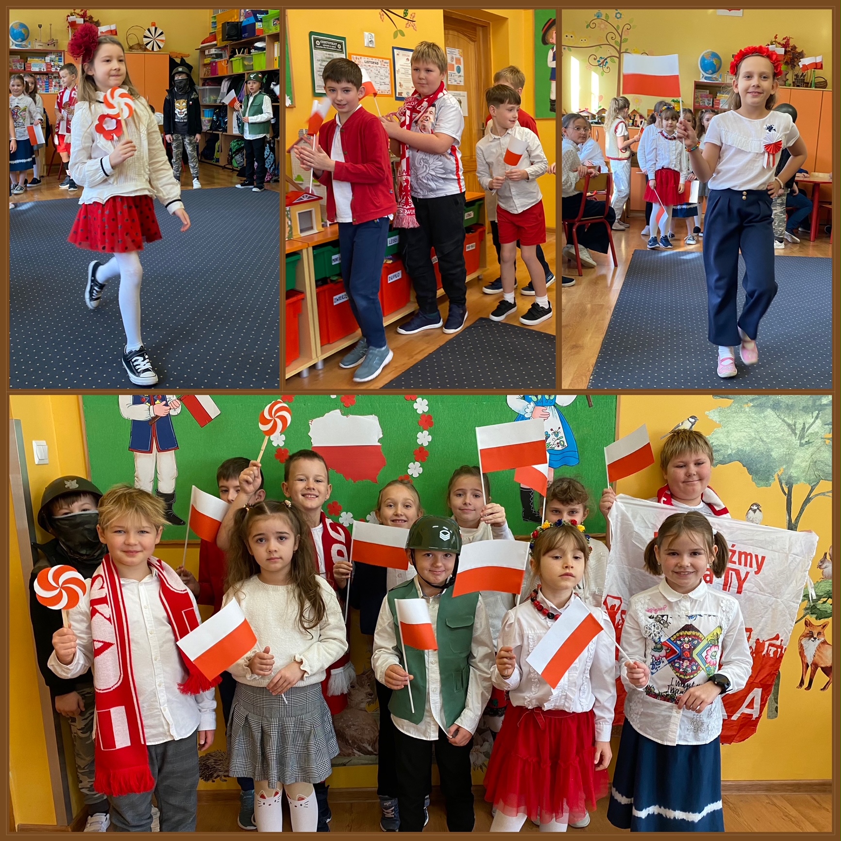Prawe górne zdjęcie pokazuje dziewczynkę w stroju biało-czerwonym. W tle inne dzieci. Na środkowym górnym zdjęciu widać 3 chłopców w biało-czerwonych strojach z flagami i szalikami Polski. Na lewym górnym zdjęciu widać dziewczynkę w stroju biało-czerwonym z flagą. W tle inne dzieci. Zdjęcie dolne. Grupa dzieci w strojach patriotycznych z flagami Polski. W tle tablica biało-czerwoną Polską.