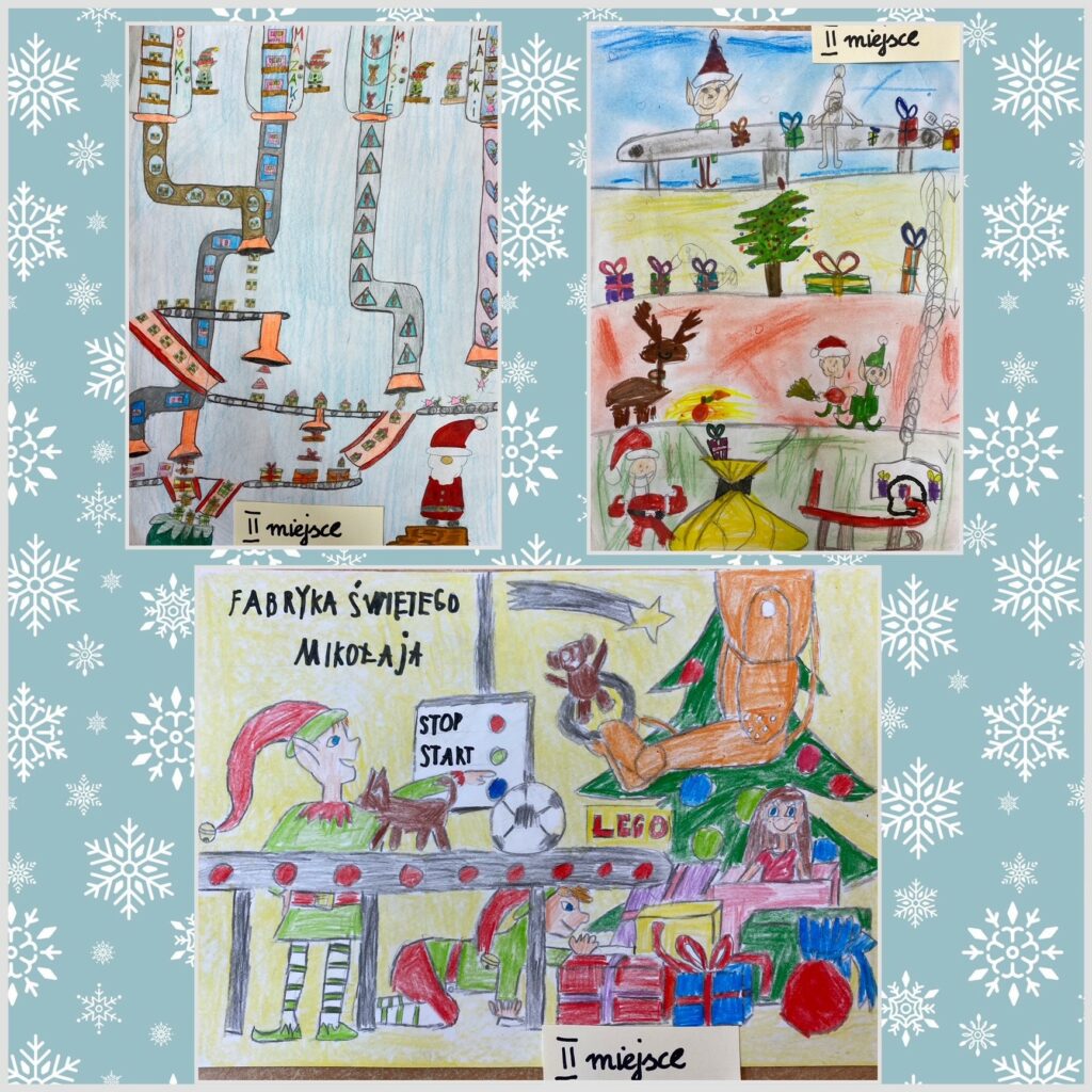 Trzy zdjęcia przedstawiające Św. Mikołaja oraz Elfy podczas pracy nad przygotowaniem prezentów dla dzieci.