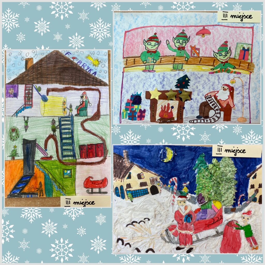 Trzy zdjęcia przedstawiające Św. Mikołaja oraz Elfy podczas pracy nad przygotowaniem prezentów dla dzieci.