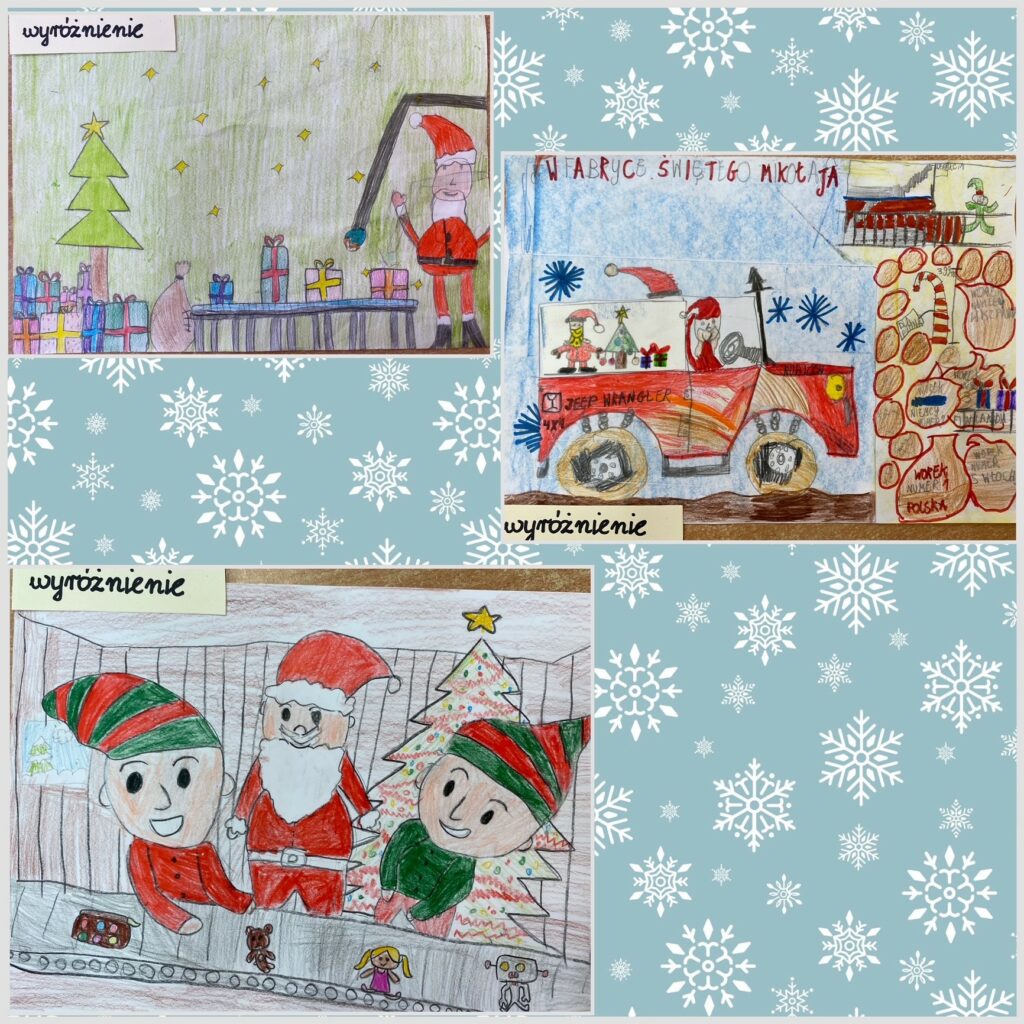 Trzy zdjęcia przedstawiające Św. Mikołaja oraz Elfy podczas pracy nad przygotowaniem prezentów dla dzieci.