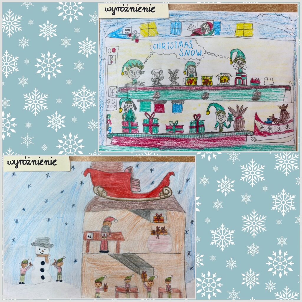 Dwa zdjęcia przedstawiające Św. Mikołaja oraz Elfy podczas pracy nad przygotowaniem prezentów dla dzieci.