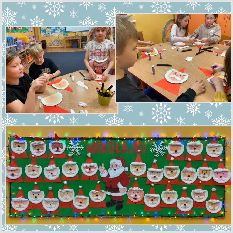 Dwa górne zdjęcia przedstawiają dzieci tworzące Świętego Mikołaja z kolorowego papieru i papierowego talerzyka. Na dolnym zdjęciu wystawa prac.