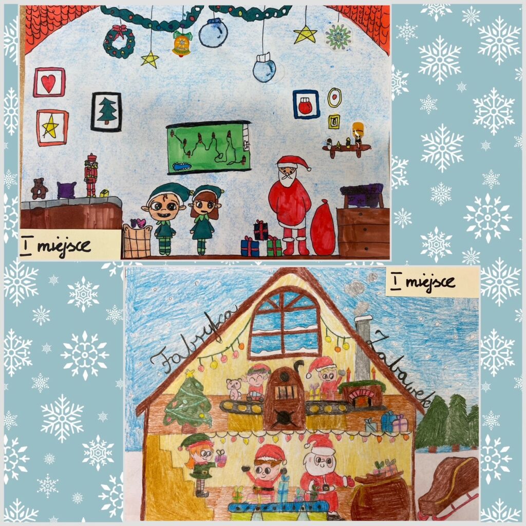 Dwa zdjęcia przedstawiające Św. Mikołaja oraz Elfy podczas pracy nad przygotowaniem prezentów dla dzieci.