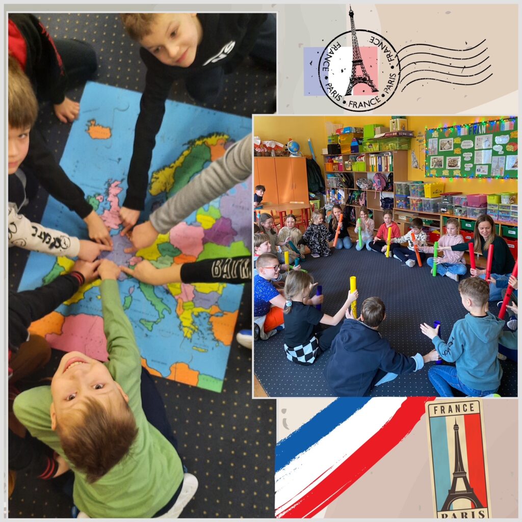 Na lewym zdjęciu widać dzieci wskazujące na mapie Francję. Na prawym dzieci grają na bum bum rurkach „Frère Jacque”.