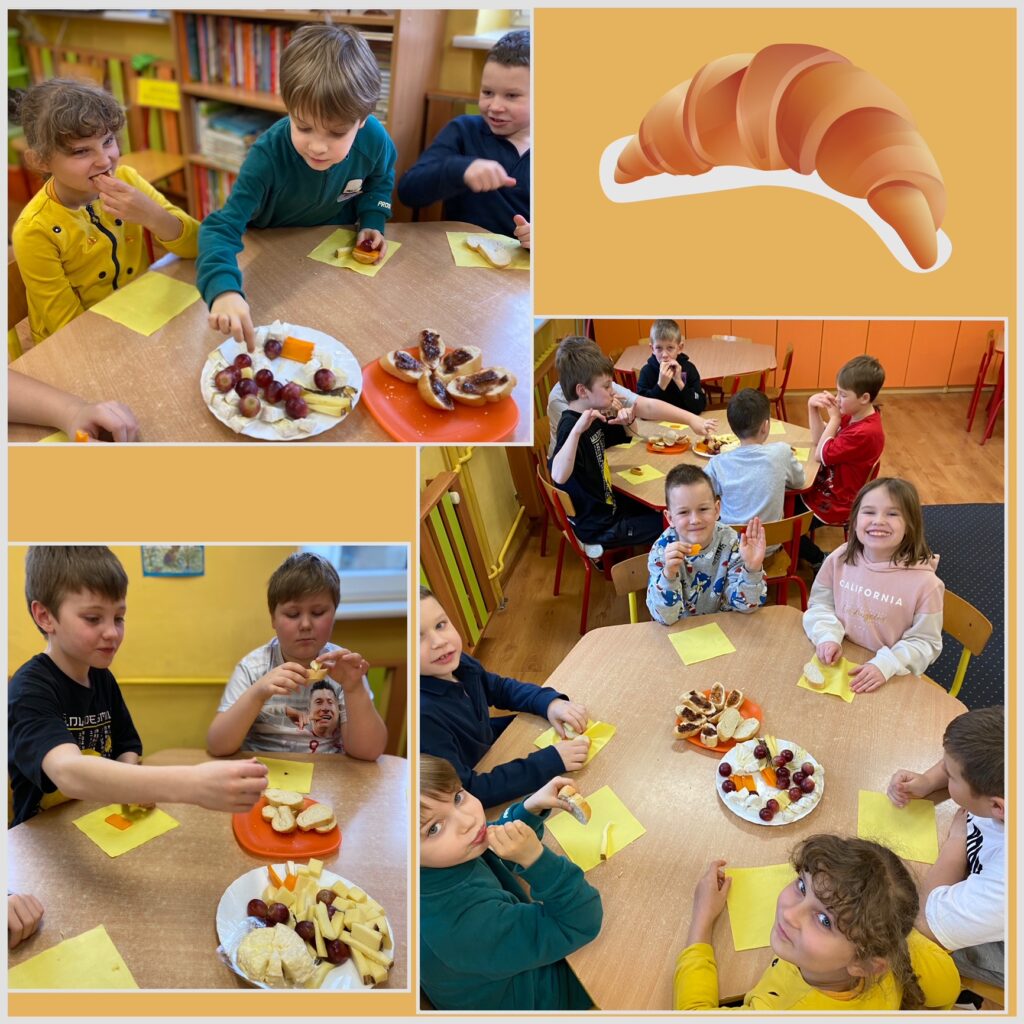 Na 3 zdjęciach widać jak dzieci degustują francuskie sery oraz bagietki z marmoladą.