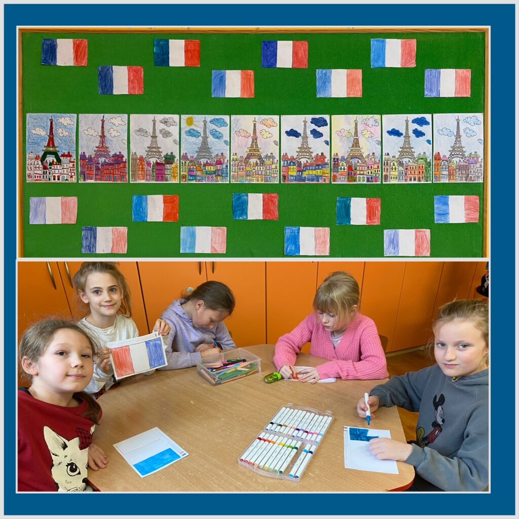 Górne zdjęcie przedstawia tablicę z wystawą prac dzieci: flagi Francji i rysunki Wieży Eiffla na tle miasta. Na dolnym zdjęciu widać 5 dziewczynek rysujących przy stoliku flagi Francji.