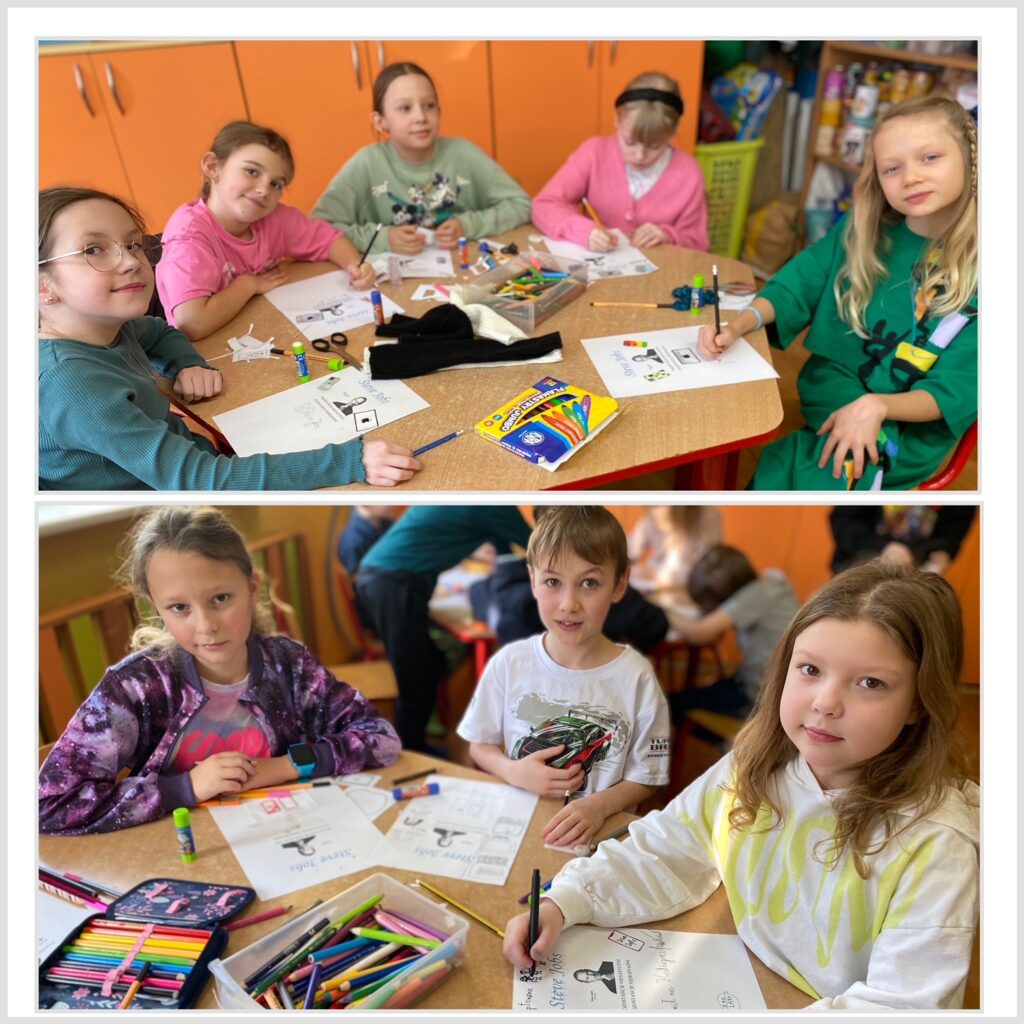 2 zdjęcia przedstawiające dzieci podczas tworzenia notatek graficznych dotyczących życia i osiągnięć Steve’a Jobs’a.