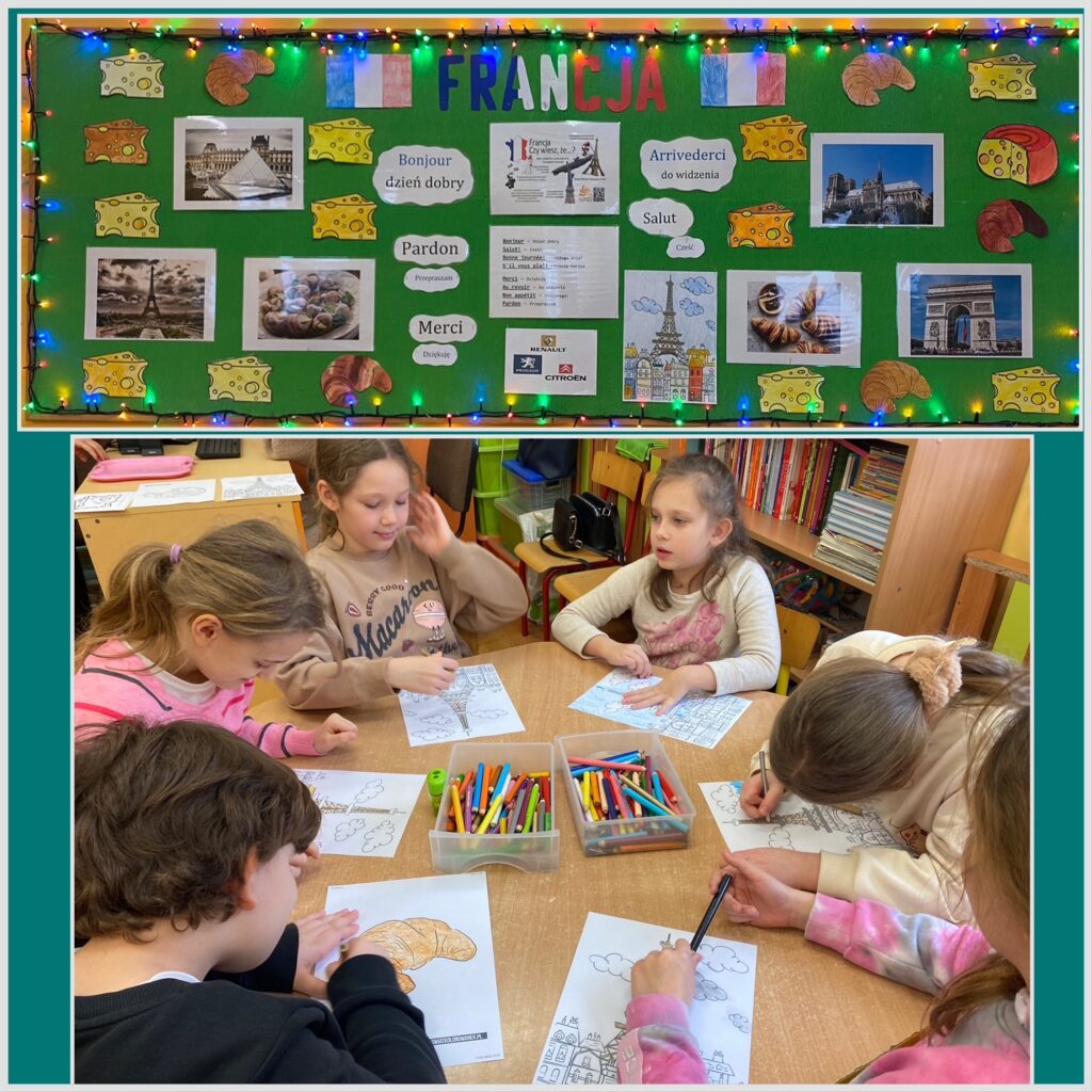 Górne zdjęcie przedstawia tablicę informacyjną o Francji z wystawą prac dzieci: flagi Francji i rysunek Wieży Eiffla na tle miasta, sery, croissant’y. Na dolnym zdjęciu widać dzieci rysujące przy stoliku Wieżę Eiffla oraz croissant’a.