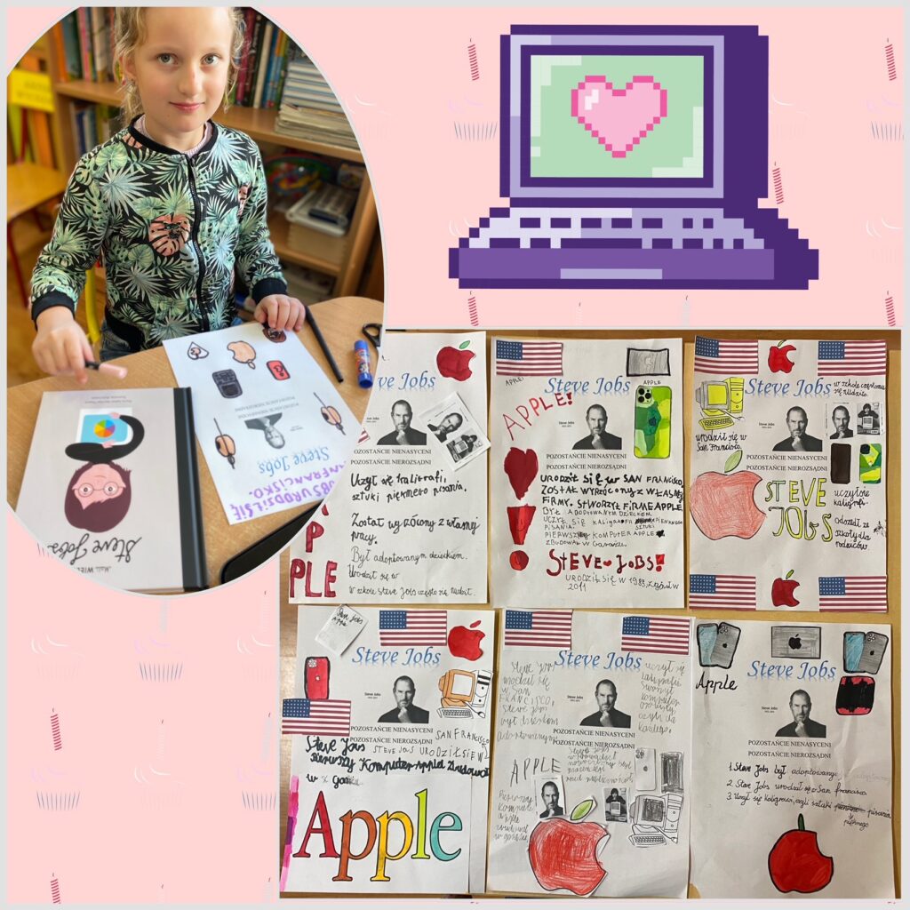 Zdjęcie z lewej strony przedstawia dziewczynkę podczas pracy nad notatką graficzną o Steve’ie Jobs’ie. Zdjęcie z prawej strony przedstawia notatki stworzone przez dzieci.