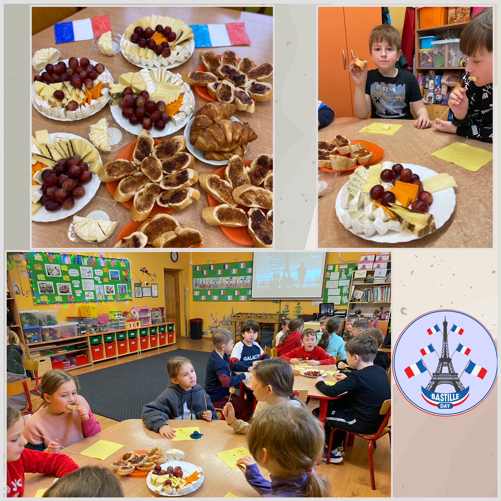Na zdjęciach widać jak dzieci degustują francuskie sery oraz bagietki z marmoladą.