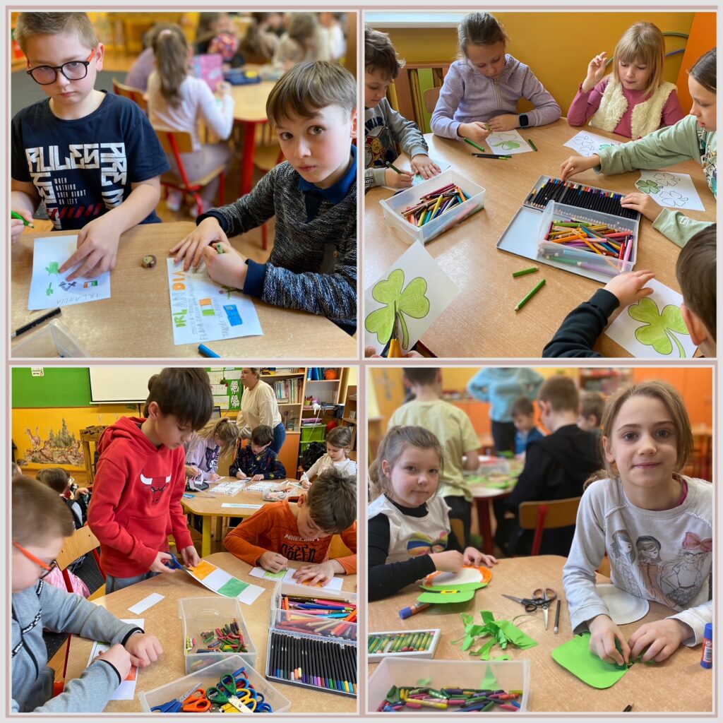 Prawe górne zdjęcie przedstawia dzieci wykonujące notatkę graficzną na temat Irlandii. Na prawym górnym zdjęciu widać dzieci robiące zielone, trzylistne koniczynki z papieru. Na lewym dolnym zdjęciu widać chłopców robiących flagę Irlandii z papieru. Na prawym dolnym zdjęciu widać dwie dziewczynki robiące Leprechauna z papierowego talerzyka.