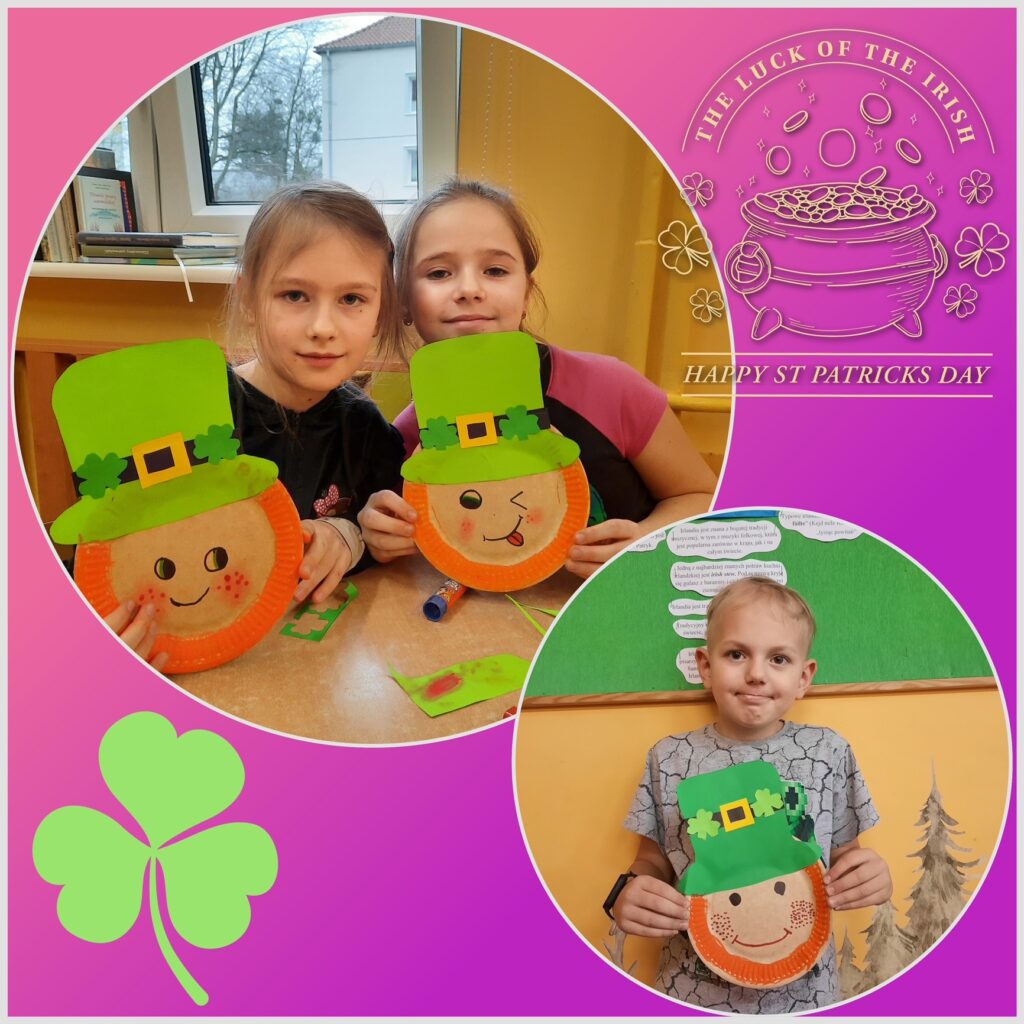 Na dwóch zdjęciach widać dzieci pokazujące wykonane przez siebie skrzaty Leprechauny. Skrzaty wykonane są z papierowego talerzyka, do którego przyklejony jest zielony kapelusz z koniczynką