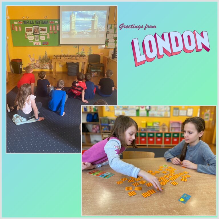 Lewe górne zdjęcie przedstawia dzieci siedzące na dywanie, oglądające na ekranie Tower Bridge, most w Londynie. Prawe dolne zdjęcie przedstawia dwie dziewczynki siedzące przy stoliku, grające w angielską grę memory.