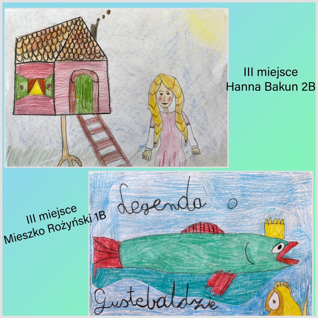 Na górnym zdjęciu widać dziewczynkę z jasnymi warkoczami stojącą przy domku na kurzej stopce. W tle niebo i słońce. Na dolnym zdjęciu widać wielką rybę w koronie pod wodą. Przy niej jedna mała złota rybka. Podpisane „Legenda o Gustebaldzie”.