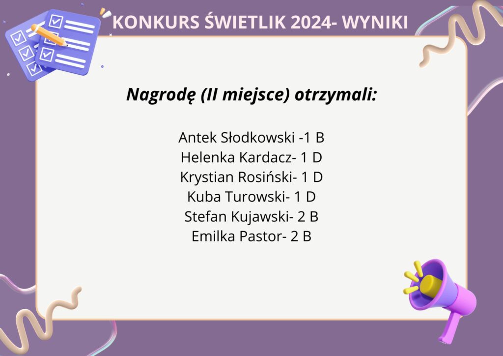 Zdjęcie przedstawia listę osób które zdobyły nagrodę. Wokół tekstu jest jasno fioletowa ramka a na niej w prawym dolnym rogu rysunkowy megafon a w lewym górnym rogu otwarty zeszyt