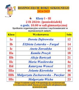 Zdjęcie to plakat przedstawiający organizację początku roku szkolnego. 