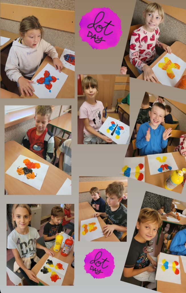 na zdjęciu kolaż złożony z ośmiu zdjęć. zdjęcia te prezentują dzieci a prze3d nimi leżą zrobione już prace. Motylek z plam farby