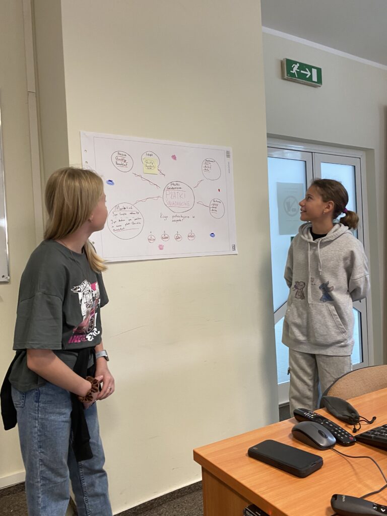 na zdjęciu widać dwie dziewczynki które stoją przy ścianie. na ścianie naklejony jest Arkusz białego papieru. Na arkuszu widać schemat biznesplanu które miały wykonać dziewczynki wraz ze swoją grupą. Na zdjęciu widać tylko dwie dziewczynki które prezentują prace całej grupy. Dziewczynka z lewej strony jest ubrana w niebieskie spodnie i szarą bluzkę i jasne włosy . Odwrócona jest w stronę ściany. Obok niej stoi dziewczynka po drugiej stronie stoi dziewczynka w szarym dresie w ciemnych włoskach spiętych w Kucyk. Dziewczynka ta również odwrócona jest w stronę ściany. Za dziewczynko w ciemnych włoskach widać drzwi wyjściowe a nad nimi napis ewakuacja.