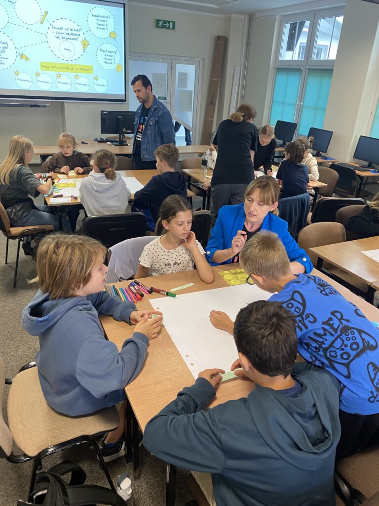 Zdjęcie przedstawia salę ćwiczeniowe. W sali znajdują się stoliki przy których stoją dzieci. Stoliki te zostały podzielone na trzy grupy. Przy każdym grupie stolików siedzi pięć osób. Na pierwszym planie na zdjęciu siedzi czterech uczniów w tym trzech chłopców i jedna dziewczynka. Obok nich siedzi nauczyciel który wspomaga dzieci w tworzeniu projektu. Przed dziećmi leży biały Arkusz Niebieski kartki i dużo kolorowych Mazak ów. Chłopiec w niebieskiej koszulce i okularkach pochylony jest bardziej nad arkuszem papieru ponieważ coś na nim rysuje. W tle widać pracujące grupy dzieci z lewej strony jest to grupa czterech uczniów trzy dziewczynki i jeden chłopiec a nad nimi stoi nauczyciel który również wspomaga ich w tworzeniu pracy. Obok grupa złożona jest również z trzech uczniów i wspomaga ich nauczycie. Sala jest Słoneczna w tle widać projektor na którym wyświetlane są informacje dotyczące pracy jaką mają wykonać.