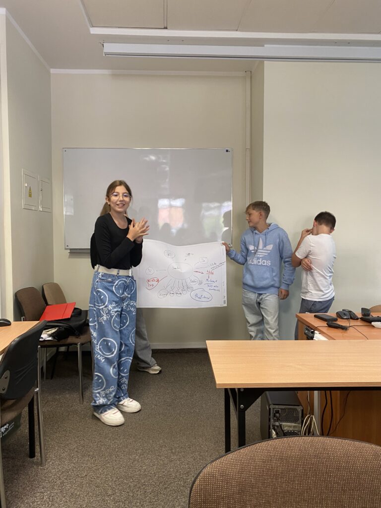 Zdjęcie przedstawia czwórkę dzieci stojących na tle białej tablicy. Na pierwszym planie stoi dziewczynka w jasnych dżinsach na których namalowane są uśmiechnięte buźki i w czarnej bluzce dziewczynka trzyma ręce złożone ponieważ prezentuje pracę. Praca ta jest przedstawione na arkuszu białego papieru który trzymają uczniowie. Jedna dziewczynka która trzyma Arkusz papieru schowała się za postacią dziewczynki z przodu ale druga osoba która trzyma Arkusz papieru jest to chłopczyk w niebieskiej bluzie obok chłopczyka stoi kolejny chłopczyk w białej koszulce odwrócony tyłem do widowni. Dzieci stoją w klasie ćwiczeniowe j widać ławki Krzesełka i Biurko.