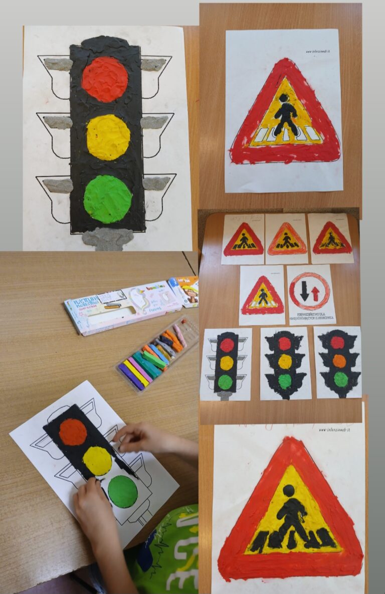 Kolaż zdjęć z pracami dzieci, kolorowanki przedstawiające znaki drogowe oraz sygnalizatory świetlne wyklejone plasteliną.