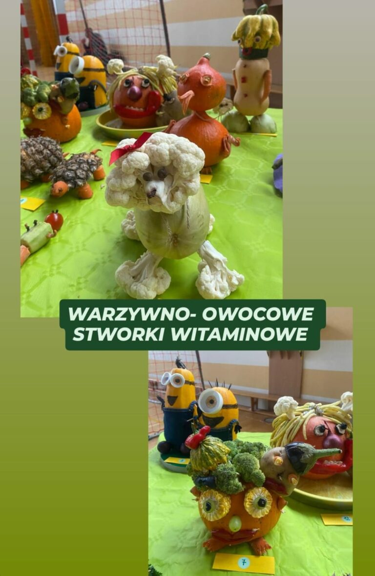 zdjęcie przedstawia kolaż dwóch zdjęć. Na górnym zdjęciu w pierwszym planie widać stworka wykonanego z cukini,która tworzy brzuch, natomiast głowa i nogi są zrobione z kalafiora. Stworek przypomina wyglądem psa rasy pudel. Stworek jest postawiony na zielonym obrusie. W oddali widać inne stworki wykonane z warzyw. Na dolnym zdjęciu jest stworek wykonany z dyni, która tworzy tułów, oczy są wykonane z kukurydzy, winogrona zielonego i czarnych oliwek, usta z czerwonej papryki, nos z winogrona zielonego, na głowie ma kilka brokułów, ozdobną dynię, pół bakłażana, małego ziemniaka. W drugim planie widać inne stworki wykonane z dyni, cukini.