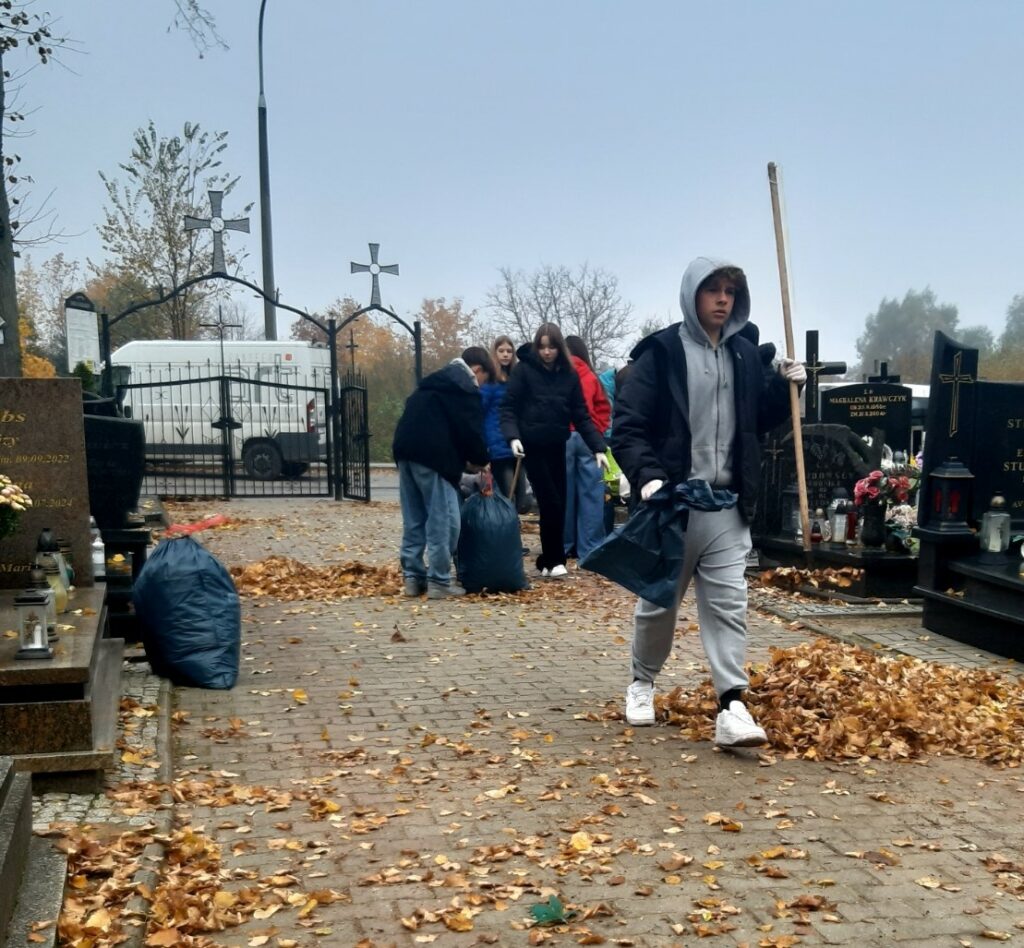 Zdjęcie przedstawia chłopca idącego alejką cmentarną z grabiami w jednej ręce i workiem na śmieci w drugiej. Za nim widać grupę młodych osób sprzątających liście do worka.