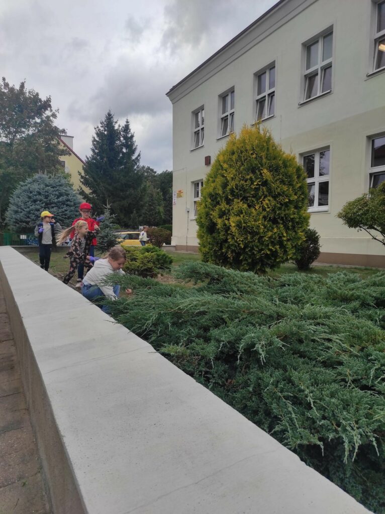 Przed szkołą 5 dzieci zabierają śmieci. Na pierwszym planie dziewczynka pochyla się, a za nią idzie 3 dzieci: dwóch chłopców i jedna dziewczyna. W oddali widać jeszcze jedna dziewczynkę w białym sweterku.