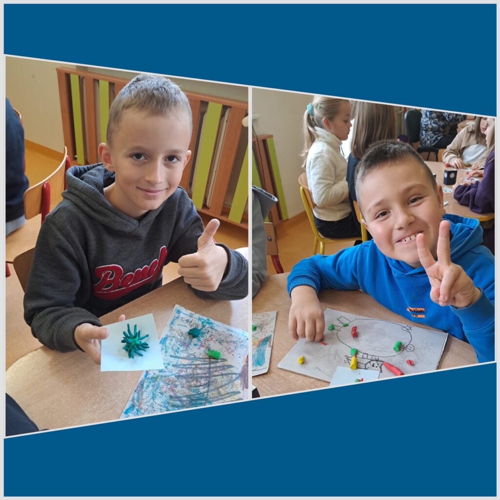 Na zdjęciach widać dwóch chłopców siedzących przy stolikach podczas pracy nad figurkami bakterii i wirusów z plasteliny.