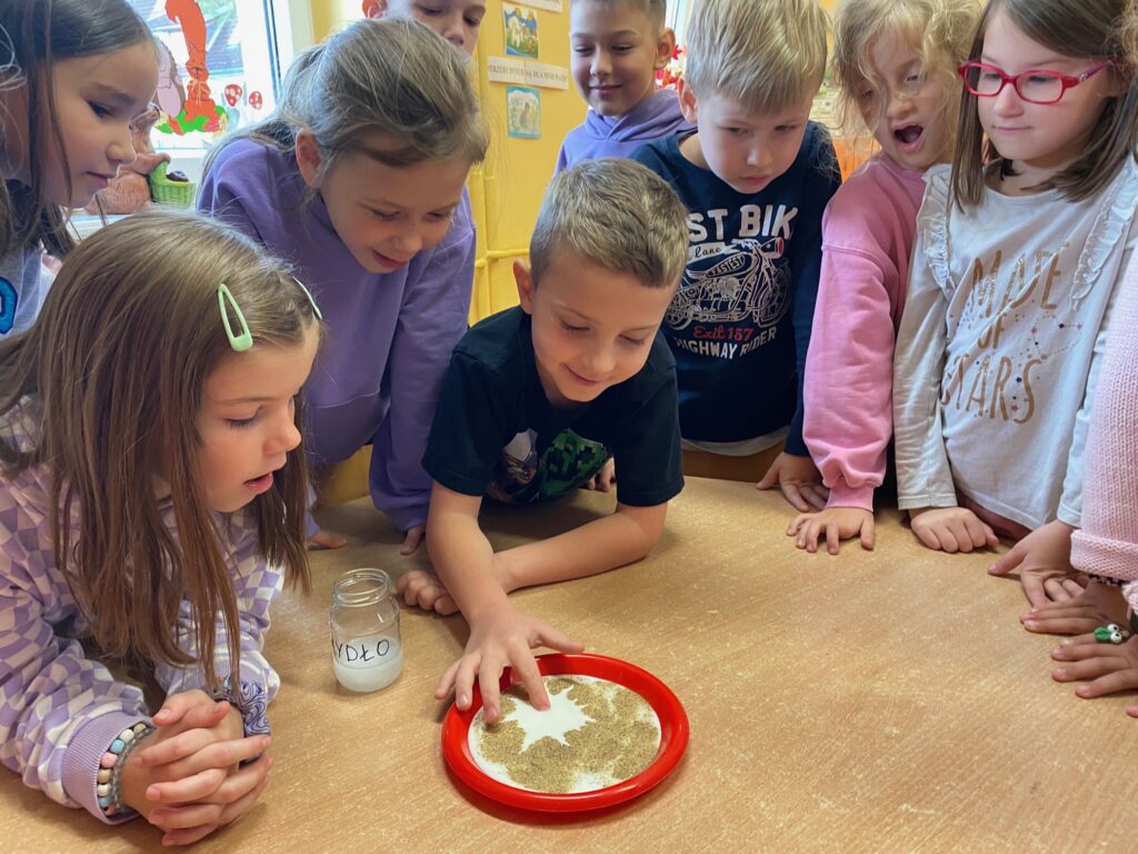 Grupka dzieci ustawiona wokoło stolika na którym jest talerz wypełniony cieczą w której pływają „bakterie”-pieprz. Dzieci przeprowadzają eksperyment „uciekające bakterie”. Chłopiec zanurza namydlony palec w płynie z „bakteriami”. Wszystkie dzieci obserwują jak „bakterie” uciekają.