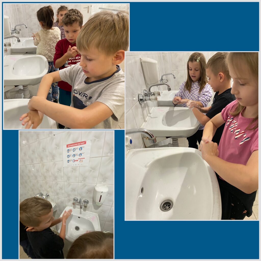 Zdjęcia przedstawiają dzieci w łazience przy zlewach. Dzieci myją ręce według instrukcji Światowej Organizacji Zdrowia.